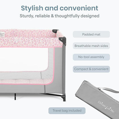 Dream On Me Zodiak Baby Playard, Breathable Mesh Sides, Soft Comfortable Mattress, Quick & Easy to Fold with Travel Carry Bag, Compact Space Saving Design - Grey & Pink