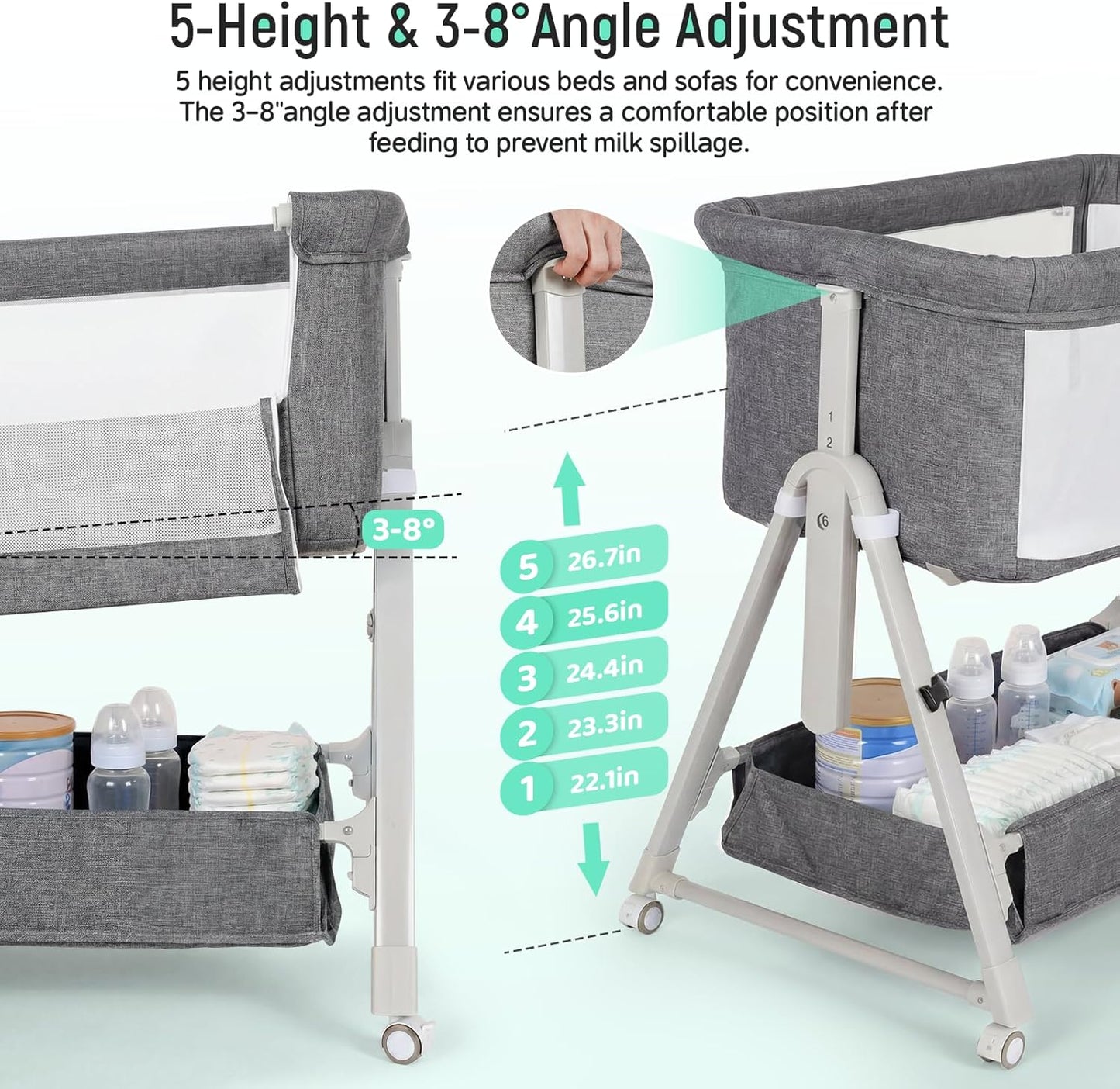 Cowiewie Bassinet Bedside Sleeper,3-in-1 Baby Bassinet with Mattress & Wheels,Easy Folding Portable Bedside Bassinet for Baby with Storage & Travel Bag,Breathable Mesh,Stable & Secure,Beige