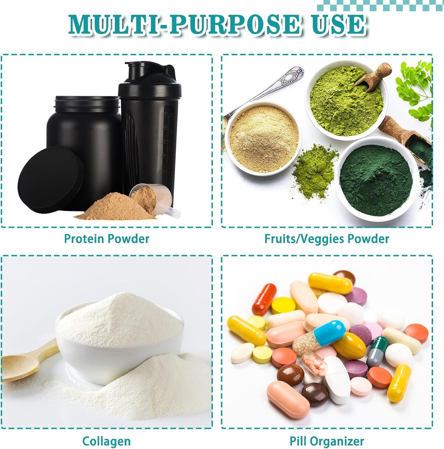 MUOUAKATE Protein Powder Travel Container Set - Reusable Powder Supplement Container To Go - 21pc Single Dose Bags and 3pc Large Travel Containers Zip Up Bags