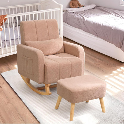 HCHAIRH Nursery Rocking Chair with Ottoman, Upholstered Glider Rocker with High Backrest Side Pocket, Rocking Accent Armchair with Solid Wood Legs for Nursery, Living Room, Bedroom, Light Grey
