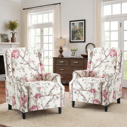 Swivel Rocker Recliner Chair, Manual Nursery Glider Recliner, Floral Fabric Wingback Accent Chair with Adjustable Backrest & Footrest for Small Spaces Living Room Bedroom (Plants Floral, Set of 1)