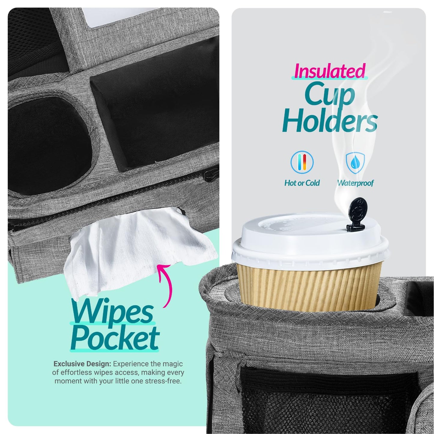 Swanoo Stroller Caddy Organizer With Cup Holder, Non Slip Straps Bag for Phone, Pet Stroller Accessories, Universal Fits Uppababby Vista v2 Wonderfold Wagon, Doona and More