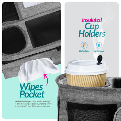 Swanoo Stroller Caddy Organizer With Cup Holder, Non Slip Straps Bag for Phone, Pet Stroller Accessories, Universal Fits Uppababby Vista v2 Wonderfold Wagon, Doona and More