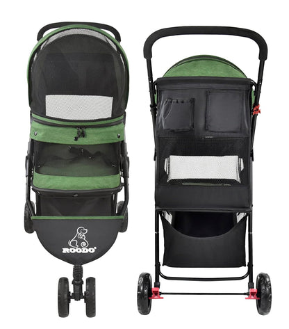 ROODO 3 Wheel Dog Pet Cat Stroller Best Lightweight Foldable Compact Portable Jogger All Terrain Travel Pet Gear Puppy Kitty Stroller for up to 30lbs Medium Small Dogs and Cats(Light Khaki)