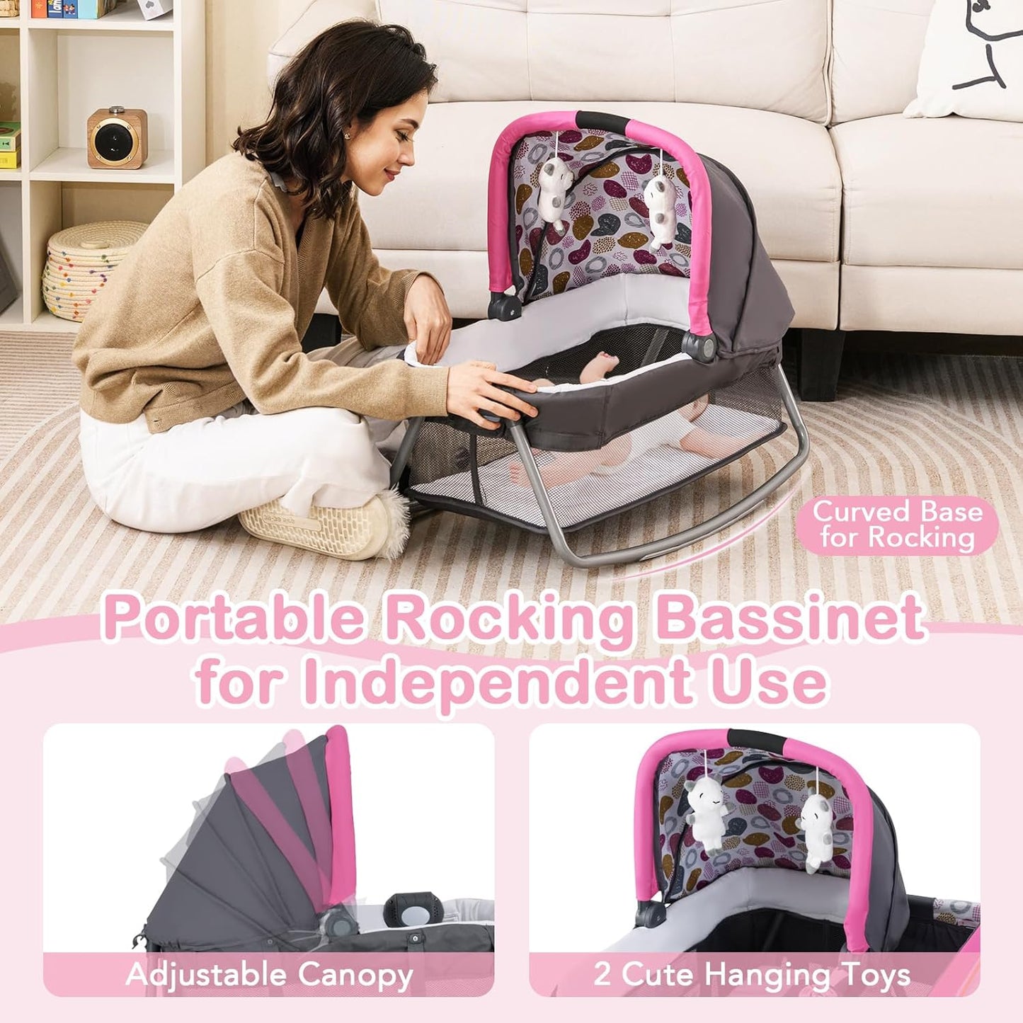 HONEY JOY Pack and Play, 5 in 1 Portable Infant Playpen with Bassinet & Changing Table, Storage Bag, Music Box, Toys, Carry Bag, Nursery Center, Baby Playard Pack n Play Crib for Boys Girls
