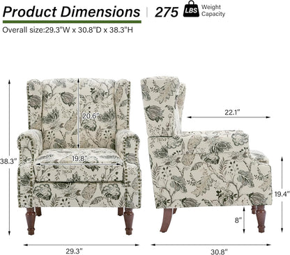 Swivel Rocker Recliner Chair, Manual Nursery Glider Recliner, Floral Fabric Wingback Accent Chair with Adjustable Backrest & Footrest for Small Spaces Living Room Bedroom (Plants Floral, Set of 1)