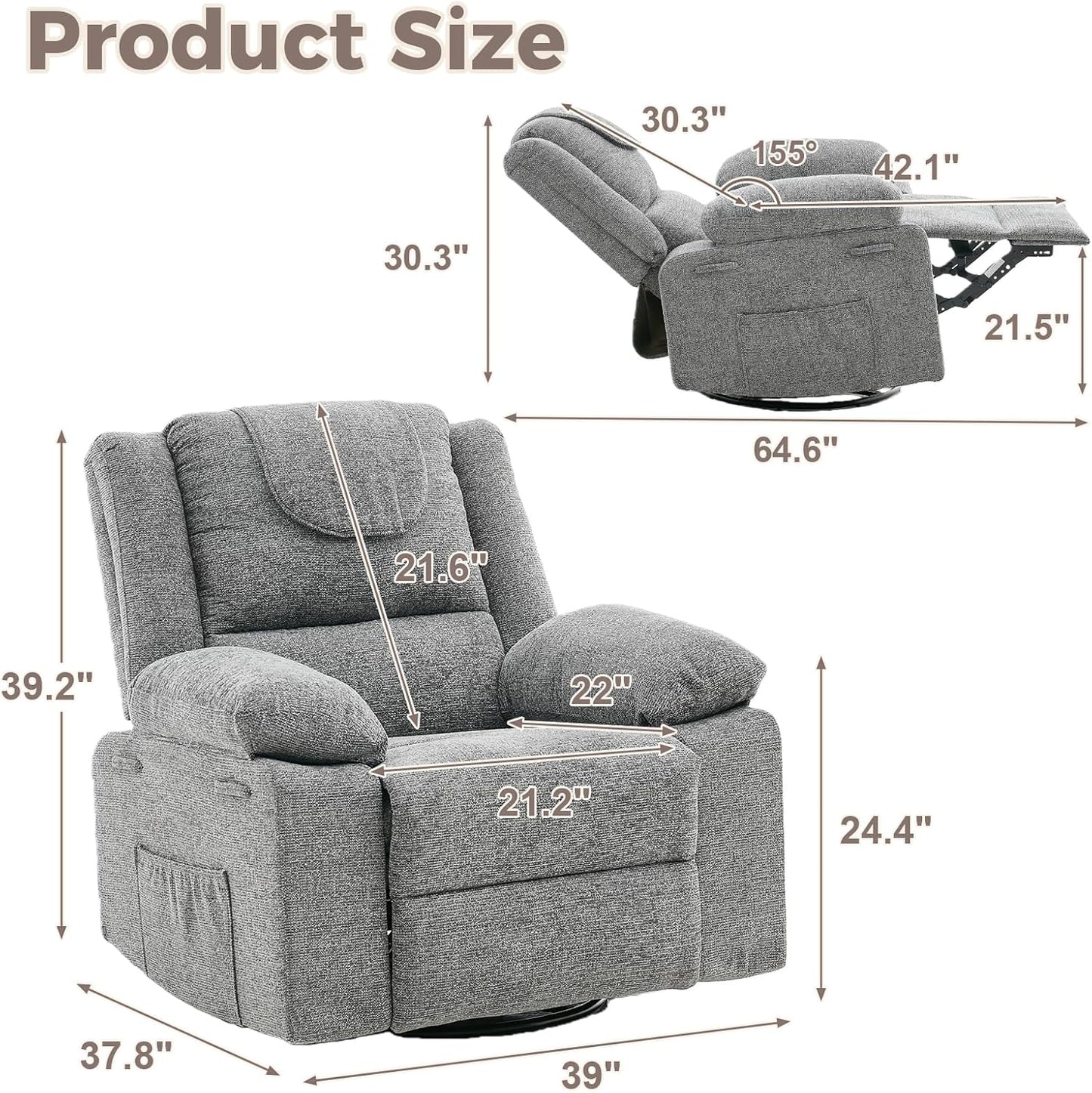 Adults Oversized Rocking Nursery Glider Recliner Chair,360° Swivel Rock Recliner Chairs Single Sofa with Vibration Massage and Heating for Living Room/Bedroom,Blue