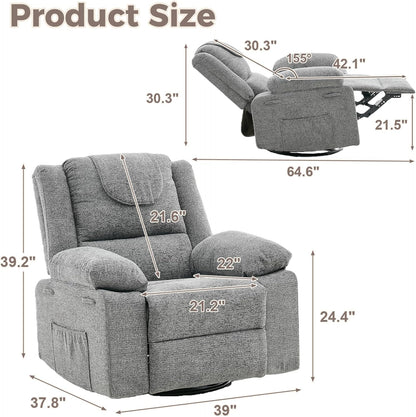 Adults Oversized Rocking Nursery Glider Recliner Chair,360° Swivel Rock Recliner Chairs Single Sofa with Vibration Massage and Heating for Living Room/Bedroom,Blue