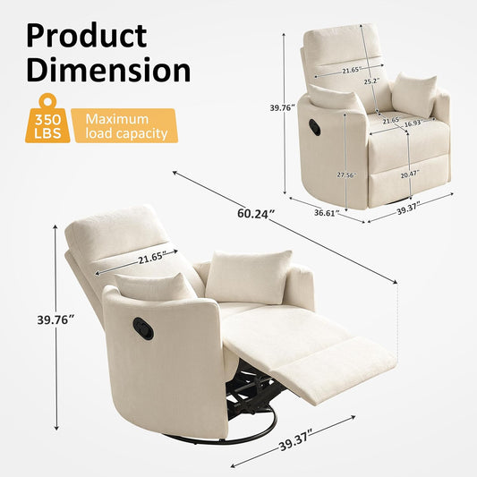 Nursery Rocking Chair, Oversized 360° Swivel Glider Recliner Chair, Upholstered Nursery Rocker with 2 Pillows and Footrest, Cozy Reclining Sofa for Living Room, Bedroom, Nursing, Olive