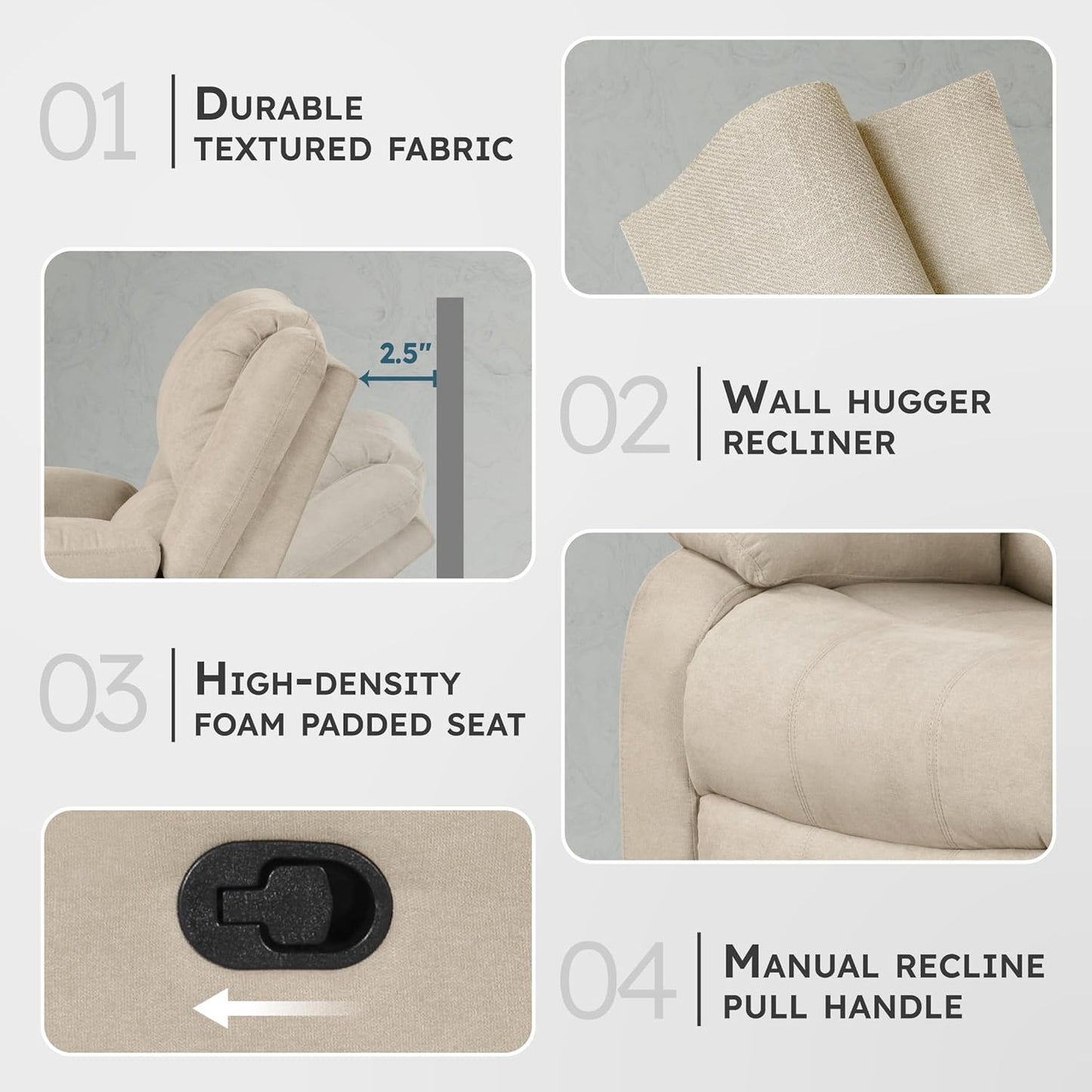 Lexicon Manual Glider Recliner Sofa Chair, Home Theater Seating, Wall Hugger Manual Reclining Nursery Chair for Bedroom/Living Room/Office/Apartment, Grey Chenille
