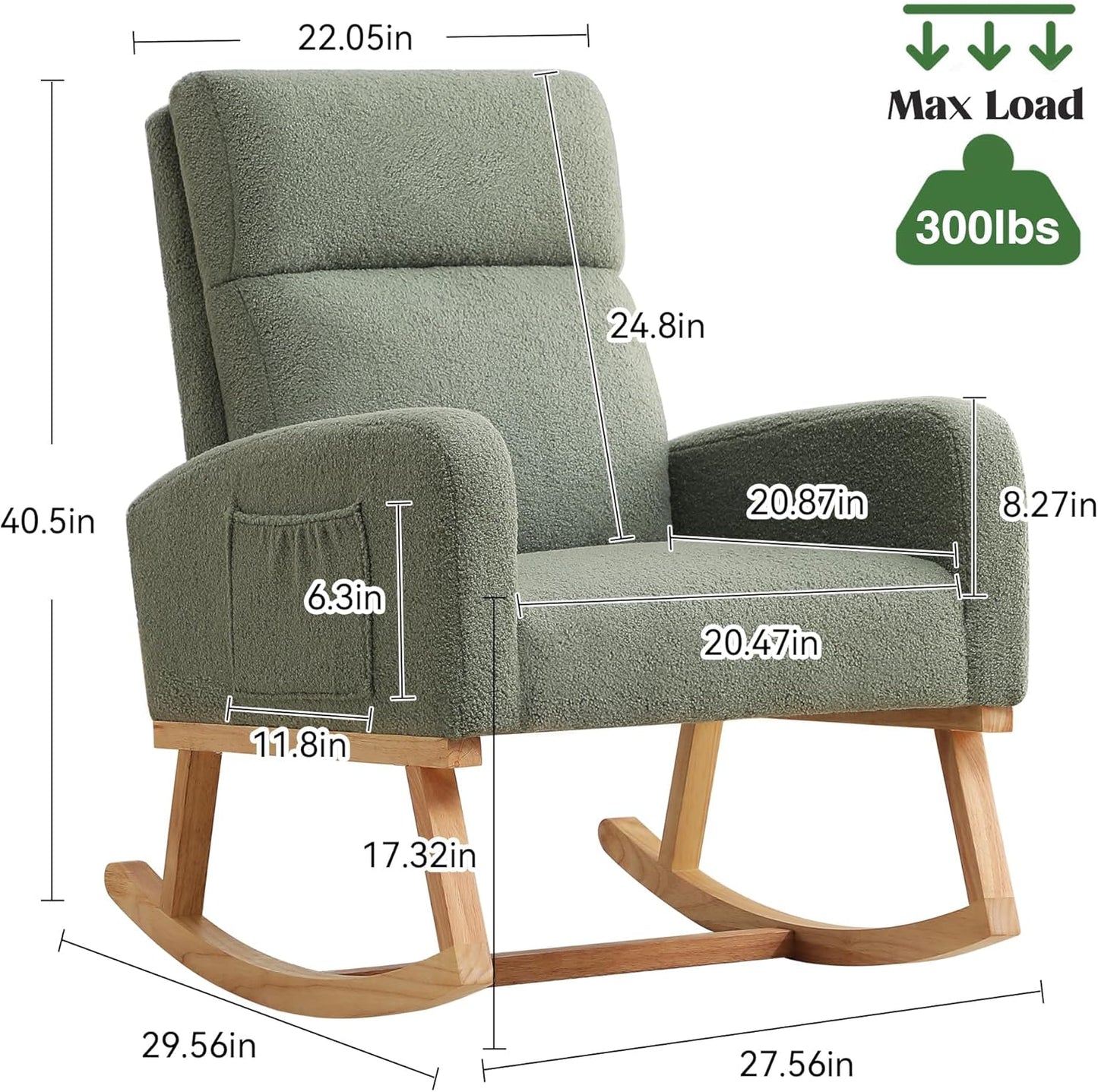 HCHAIRH Rocking Chair Nursery, Upholstered Fabricr Nursing Rocking Chairs with Soft High Back, Modern Nursery Glider Rocker for Mom Living Room, Bedroom, Camel