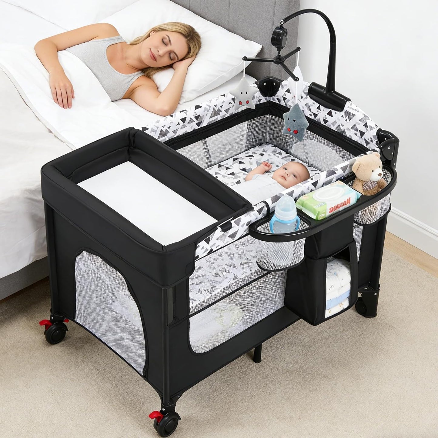 5-in-1 Baby Bassinet Bedside Sleeper with Swing Tube Converts to Cradle, Baby Crib with Mattress, Detachable Diaper Changer, Mosquito Net and Toy - Black