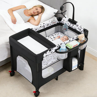5-in-1 Baby Bassinet Bedside Sleeper with Swing Tube Converts to Cradle, Baby Crib with Mattress, Detachable Diaper Changer, Mosquito Net and Toy - Black