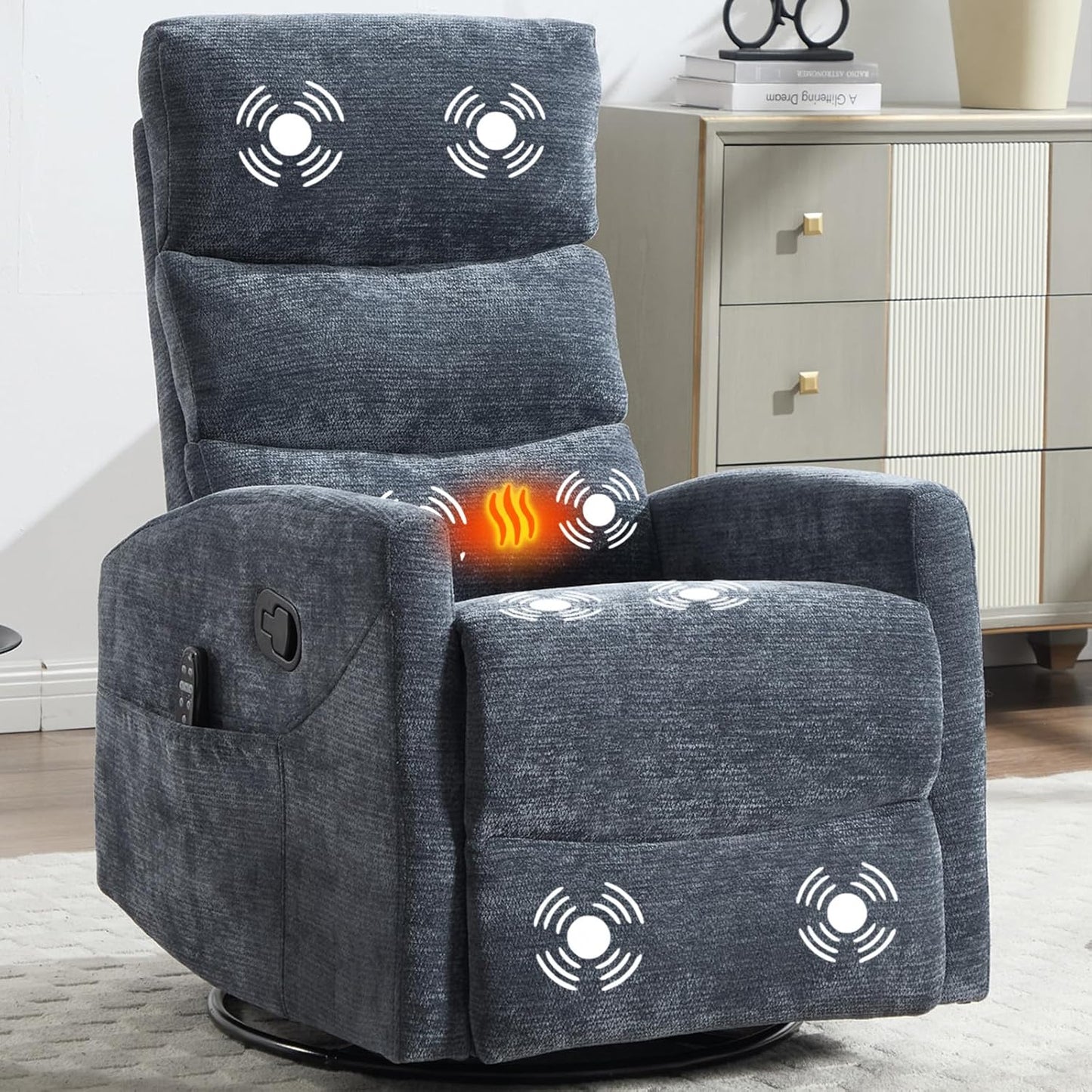 Massage Chair Recliner with Heat, Swivel Rocking Chair Recliner with High Back, Manual Nursery Recliners for Adults,Small Recliner Chair for Small Spaces, Living Room Bedroom, Fabric (Blue Green)