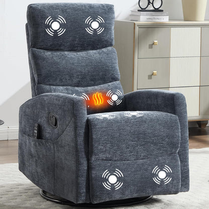 Massage Chair Recliner with Heat, Swivel Rocking Chair Recliner with High Back, Manual Nursery Recliners for Adults,Small Recliner Chair for Small Spaces, Living Room Bedroom, Fabric (Blue Green)