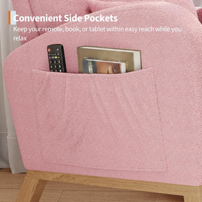 GarveeHome Teddy Fleece Rocking Chair, Modern Nursery Glider Chair with Side Pockets and Pillow, Rocker Chair for Living Room Bedroom Nursing Room, Pink