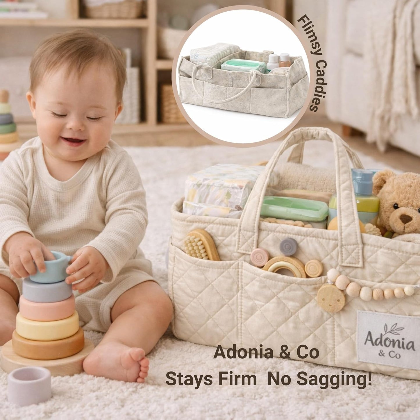 Adonia & Co Diaper Caddy Organizer – Nursery Storage Basket for Newborn Essentials Must Haves & Baby Must Haves – Portable, Machine Washable Baby Diaper Bag Organizer (Brown)