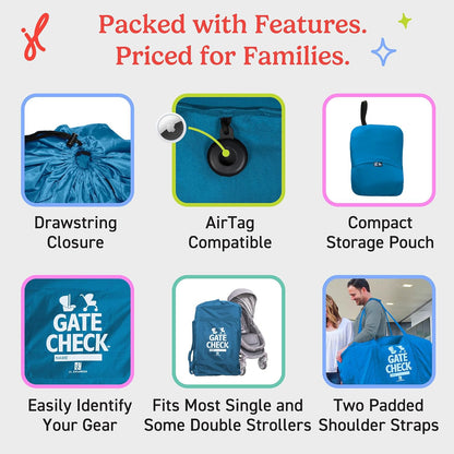 J.L. Childress Gate Check Bag for Single & Some Double Strollers - Travel Bag for Airplane, Fits Most Standard Baby Strollers, Airport Accessories for Gate Check, Flying Essentials - Red