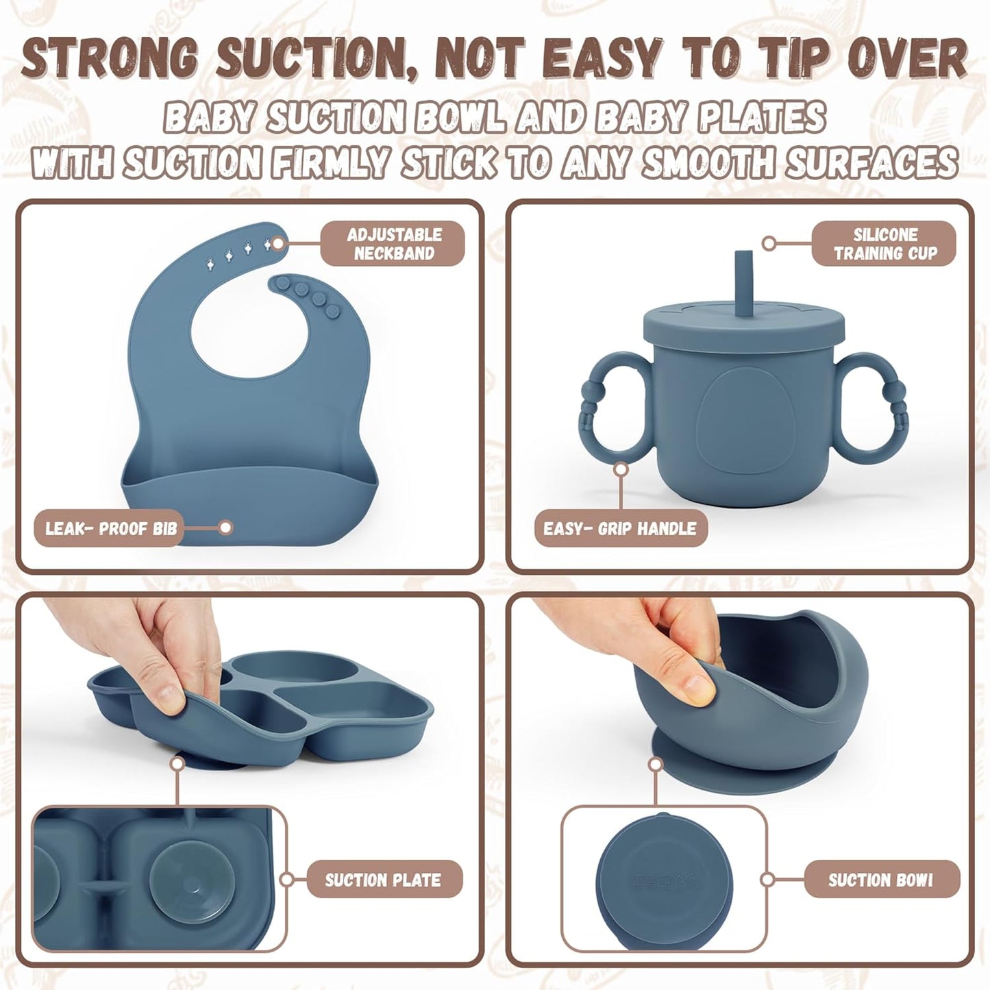 Silicone Baby Feeding Set, Baby Led Weaning Supplies, Baby Food Tableware Silicone Suction Plate, Bowl, Spoons, Fork, Waterproof Bib, Cup & Complementary Food Cake Mold, Baby Eating Utensils