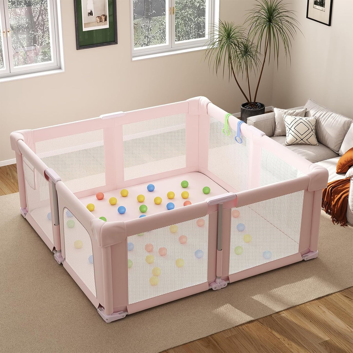 Foldable Playpen for Babies and Toddlers, 51" Portable Play Pen with Mat and Ocean Balls, Play Yard with with Visible Mesh for Inddor and Outdoor, No Assembly Required, Dark Gray