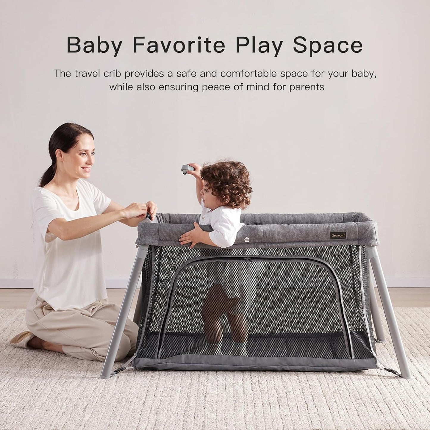 Gromast 2 in 1 Portable Travel Crib for Toddler, Foldable Crib for Baby, Lightweight Playpen Collapsible Playard with Soft Mattress, Easy to Carry Baby Travel Bed for Outdoor, Indoor (Grey)