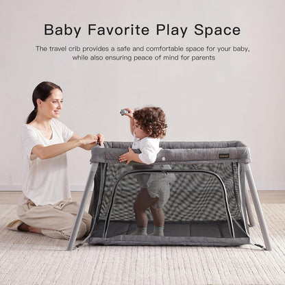 Gromast 2 in 1 Portable Travel Crib for Toddler, Foldable Crib for Baby, Lightweight Playpen Collapsible Playard with Soft Mattress, Easy to Carry Baby Travel Bed for Outdoor, Indoor (Grey)