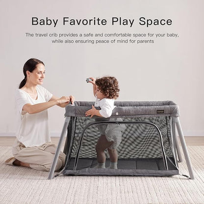 Gromast 2 in 1 Portable Travel Crib for Toddler, Foldable Crib for Baby, Lightweight Playpen Collapsible Playard with Soft Mattress, Easy to Carry Baby Travel Bed for Outdoor, Indoor (Grey)