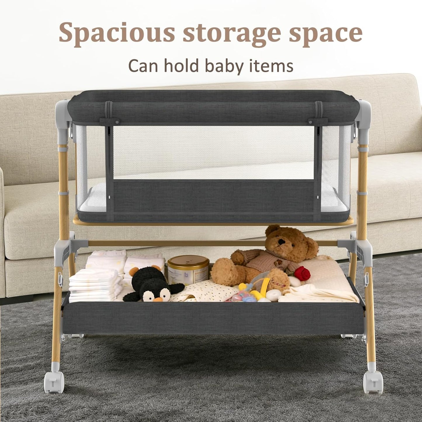 3 in 1 Baby Bassinet, Bedside Sleeper for Newborn, 7-Level Height Adjustable, Rocking Design with Breathable Mesh, Lockable Wheels & Large Storage Space, Portable Baby Crib（Dark Gray）
