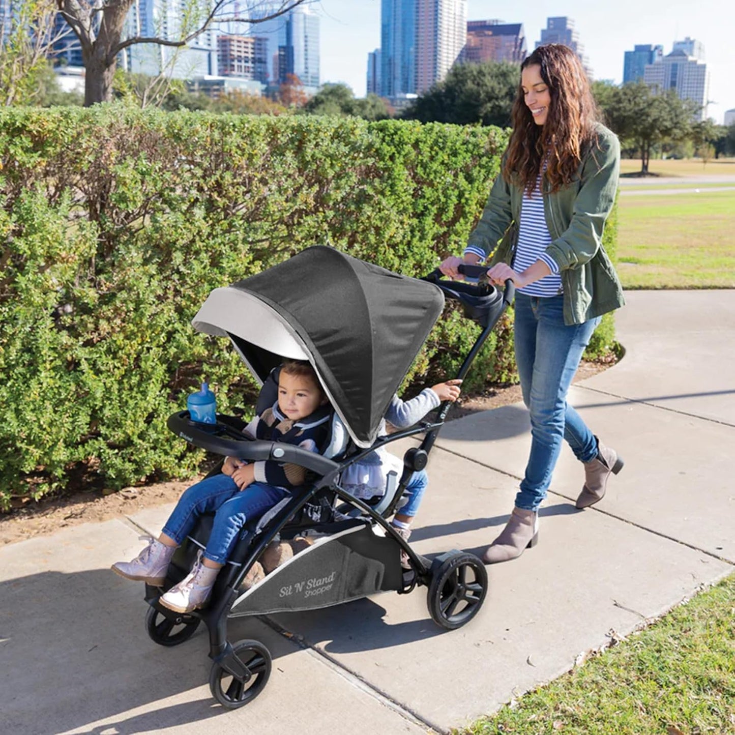 Baby Trend 5-in-1 Kids Shopper and Travel Stroller with Canopy Visor, Storage Basket and 2 Cup Holders, Sit N' Stand, Magnolia - Collapsible Infant and Toddler Stroller and Car Seat Combo System