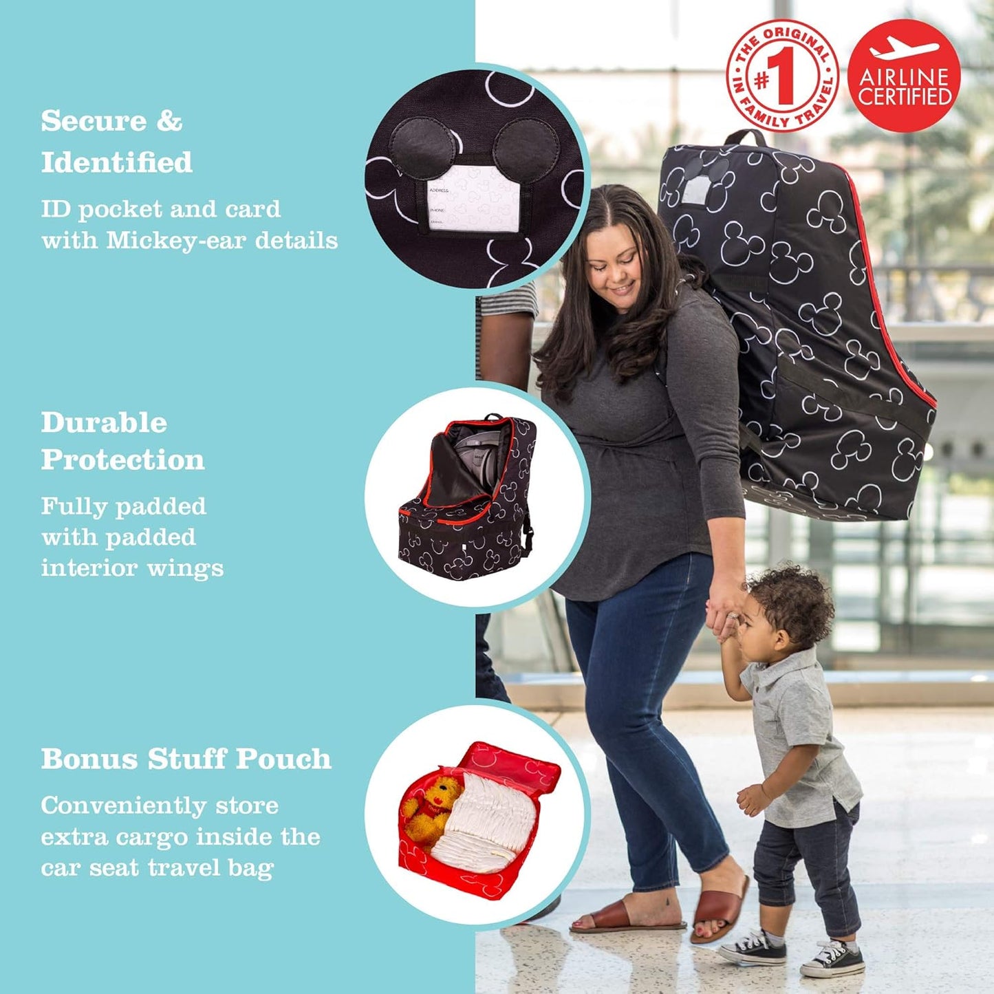 J.L. Childress Disney Baby Padded Backpack Car Seat Bag - Travel Bag for Airplane, Fits Most Baby & Infant Car Seats, Boosters, & Carriers, For Gate or Baggage Check - Ultimate, Mickey Mouse, Black