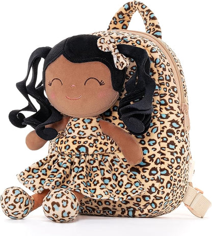 Gloveleya Toddler Backpack Baby Girl Gifts Curly Hair Plush Figures Dress Backpack Kids Backpack Curly Hair Spring Girl - Black Leopard 9inches