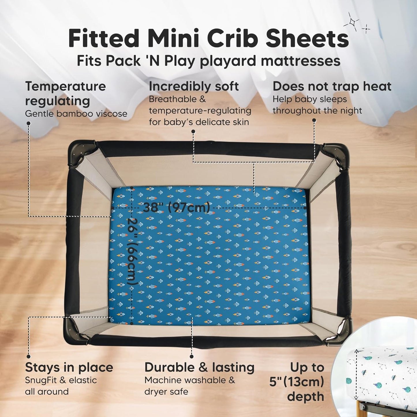 2-Pack Waterproof Pack and Play Sheets, Mini Crib Sheets Fitted for Boy, Girl - 38 x 26 Viscose from Bamboo Pack N Play Mattress Sheets for Graco, Toddler Playard Baby Crib Sheets Neutral (Blue Flax) - Colors A