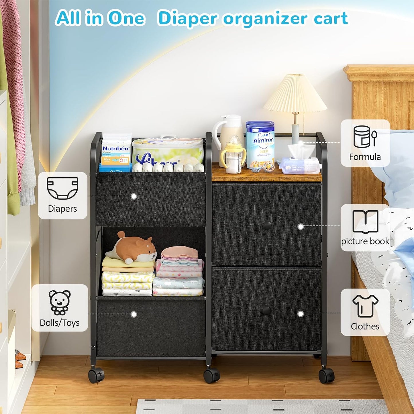 Baby Diaper Caddy Organizer Cart with Wheels, 2 Tier Rolling Cart with Dividers and Drawers, Mobile Utility Cart Bedside for Nursery, Bedroom, Baby Newborn Essentials Storage Cart, Black