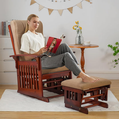 Rustic Rubber Wood Glider and Ottoman Set, Nursery Glider Chair for Breastfeeding and Relaxing, Comfortable Rocking Chair for Living Room and Bedroom（Tan）
