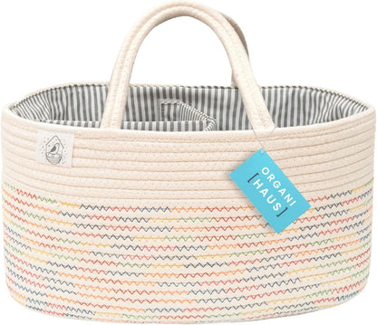 OrganiHaus Pastel Rainbow Nursery Storage Basket, Cotton Rope Toy & Diaper Caddy Organizer with Handles, Baby Diaper Organizer, Foldable Design, Machine Washable, Ideal for Baby Room & Laundry