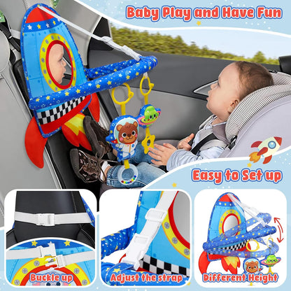 Dr.Rapeti Double-Sided Car Seat Toy, Rear Facing Car Seat Toy, Travel Activity Set, Easier Drive for Newborn, Adjustable Activity Arch with Baby Mirror, Teether, Ring Rattles