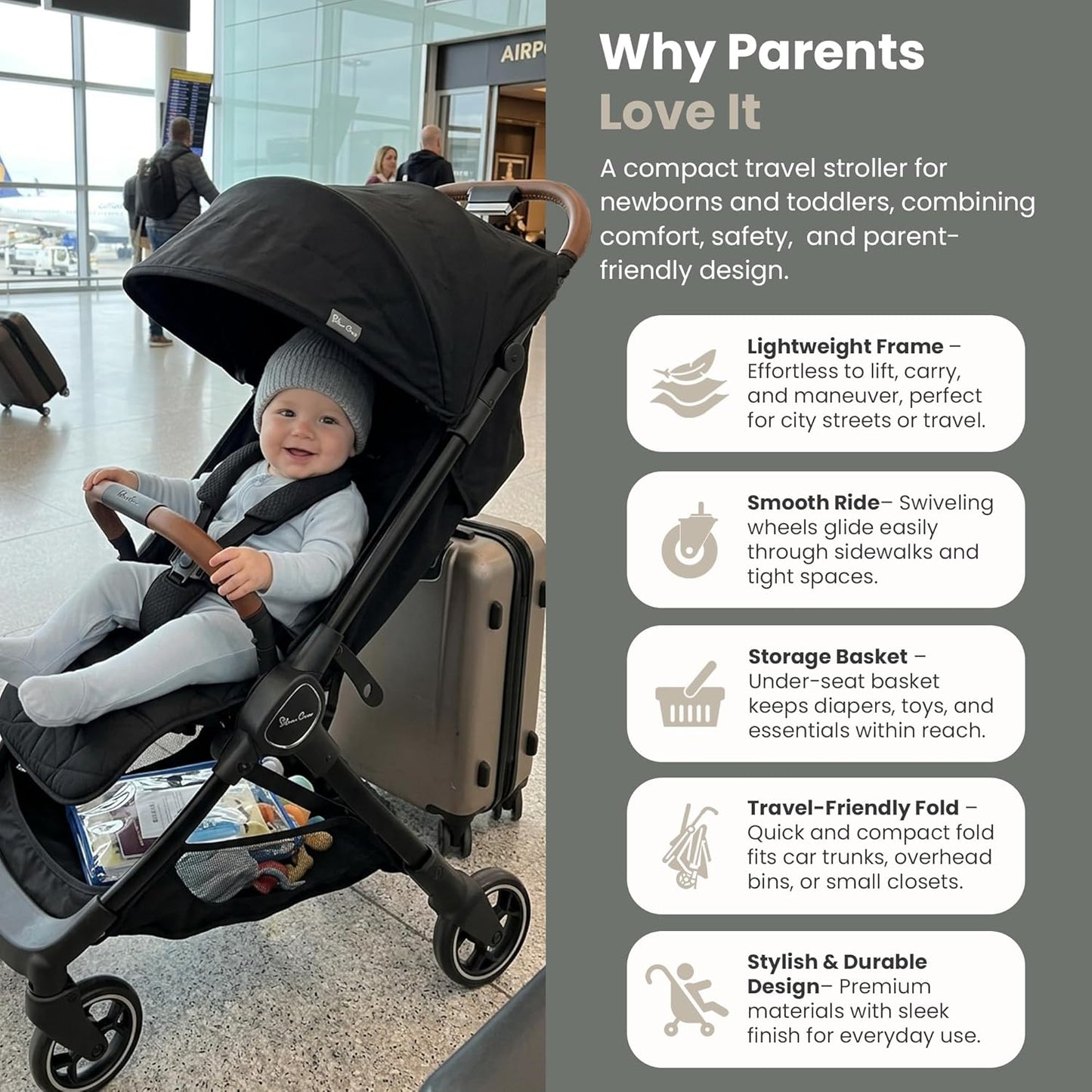 Silver Cross Clic Compact Travel Stroller – (Latte) – Lightweight Baby Stroller for Airplane Travel – One-Hand Fold, Lie-Flat Infant & Toddler Seat – Birth to 55 lb
