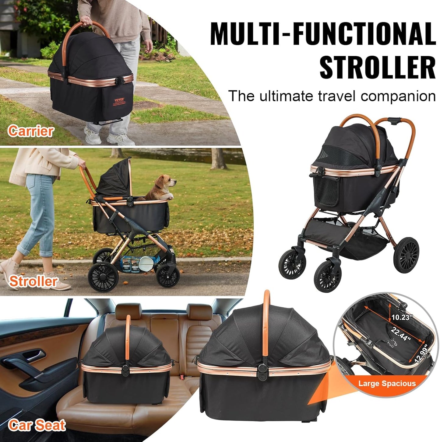 VEVOR Pet Stroller, 44 lbs Weight Capacity, Foldable Dog Cart, 4 Wheels Cats Stroller with Mesh Windows & Revrsible Handle, Portable Pet Carrier with Brake, for Small to Medium Pets