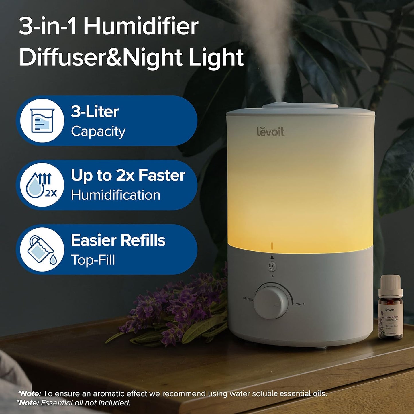 LEVOIT Dual 200S Smart Humidifiers for Bedroom, Top Fill, Customize Humidity for Home, Baby Nursery & Plants with Humidistat, Essential Oil Diffuser, Schedule, Timer, APP & Voice Control, 3L, Blue