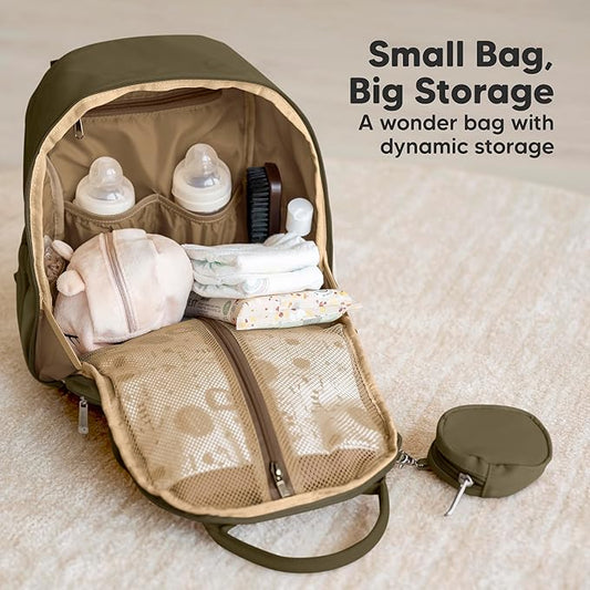 KeaBabies Diaper Bag Backpack - Small Multifunctional Travel Diaper Back Packs, Maternity Baby Changing Bags, 12L Capacity, PU Leather, Waterproof, Unisex, Nappy Changing Pad (Dark Olive, Small)