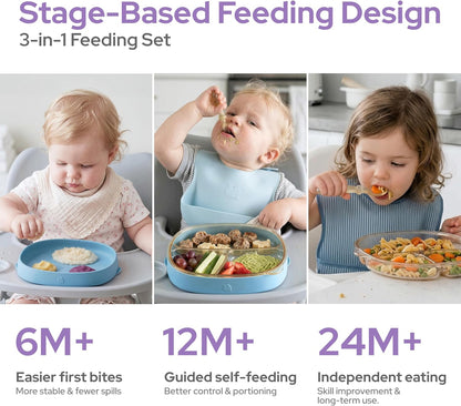 3-in-1 Baby Suction Plates for Toddlers 6-36 Months - Premium Bottle-Grade PPSU Silicone Divided Dishes, Stage-Based Self-Feeding Supplies, BPA Free Stain & Odor Resistant, Microwave Dishwasher Safe