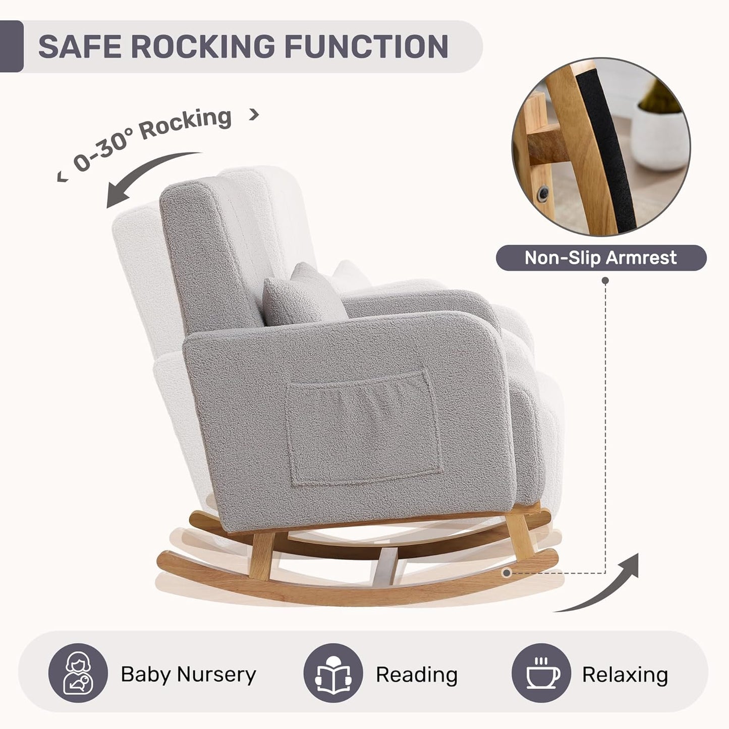 HCHAIRH Nursery Rocking Chair with Ottoman, Upholstered Glider Rocker with High Backrest Side Pocket, Rocking Accent Armchair with Solid Wood Legs for Nursery, Living Room, Bedroom, Light Grey