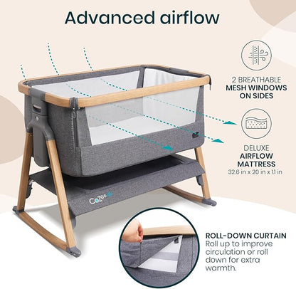 Tutti Bambini CoZee® Air Baby Bassinet & Bedside Sleeper - Rocking Bassinet for Baby, Fast-Folding with Travel Bag, Deluxe Airflow Mattress & 6 Mattress Heights, 0-6 Months (Oak & Charcoal)