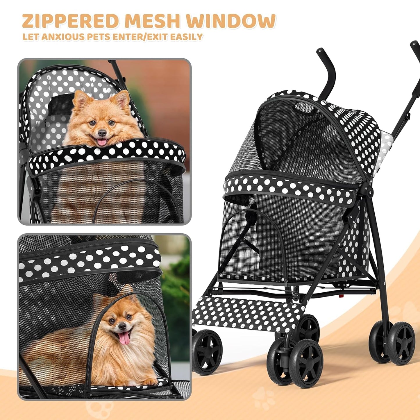 Magshion Compact Pet Stroller for Small-Medium Dogs/Cats up to 22lbs, 4-Wheel Lightweight Umbrella Shaped Portable Puppy Travel Jogger with Breathable Mesh, Cup Holder & Rear Storage, Black