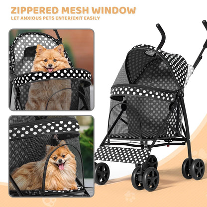 Magshion Compact Pet Stroller for Small-Medium Dogs/Cats up to 22lbs, 4-Wheel Lightweight Umbrella Shaped Portable Puppy Travel Jogger with Breathable Mesh, Cup Holder & Rear Storage, Black