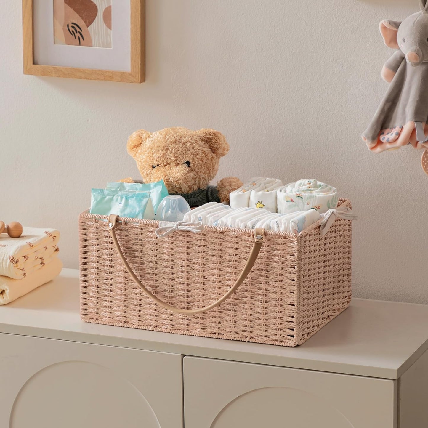 HBlife Large Baby Diaper Caddy Organizer, Paper Rope Storage Baskets Nursery Bin with Removable Divider, Portable Car Organizer for Diapers, Baby Shower Gifts, Newborn Essentials Must Haves