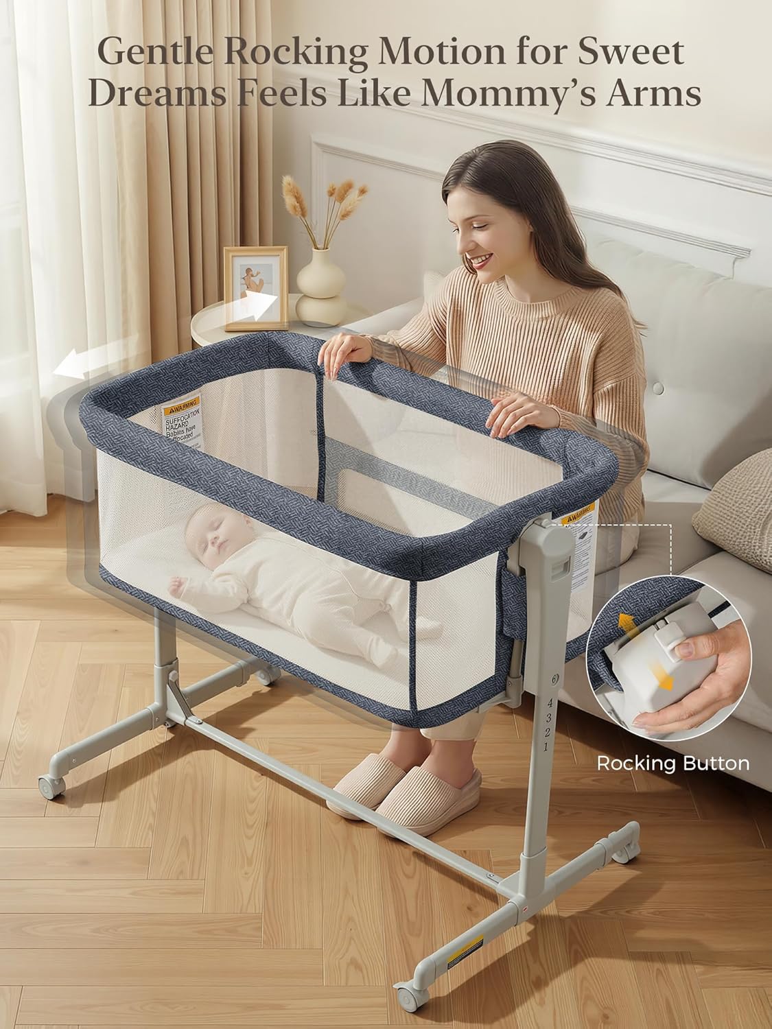 ONTHEWEI Baby Bassinet Bedside Sleeper 3-in-1, Easy Night Feeding with One-Side Fold & Rolling Wheels, Breathable Mesh, 6-Height Adjustable, Soft Mattress for Newborns
