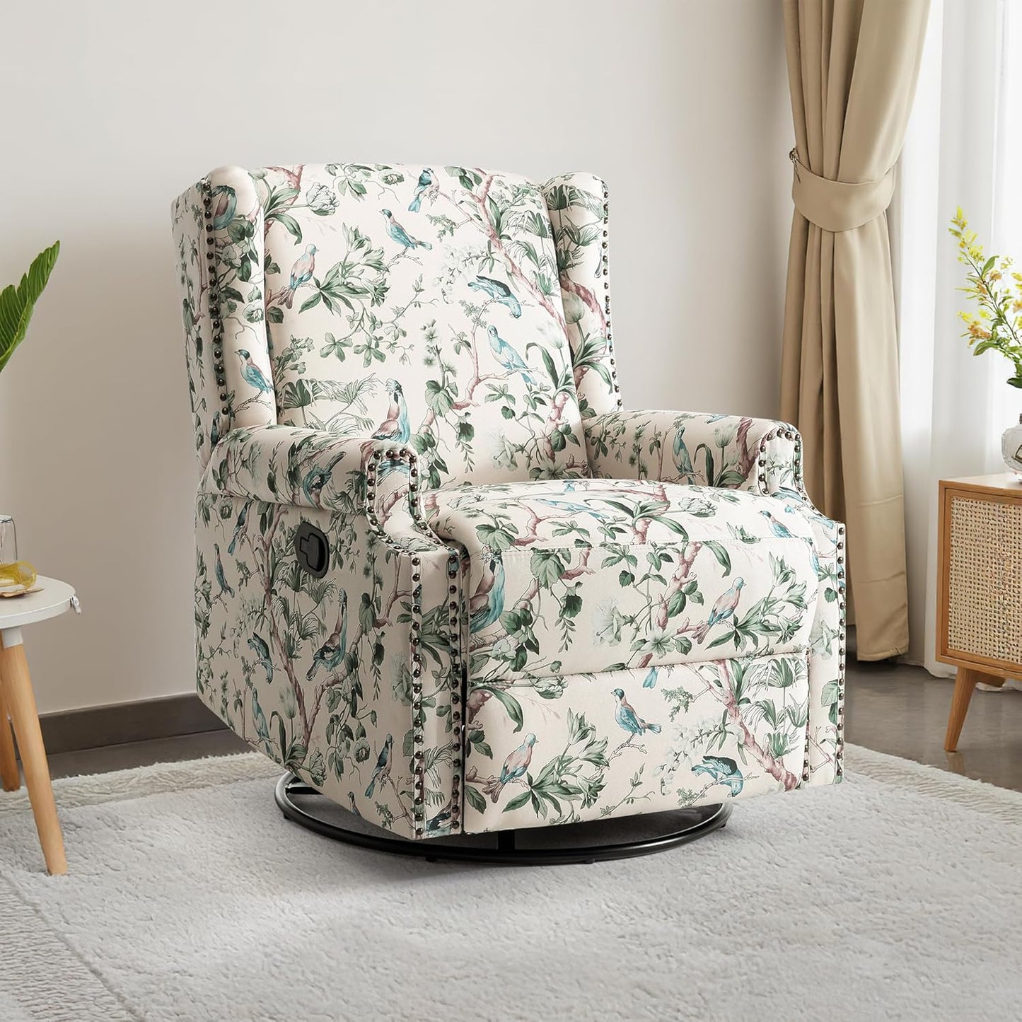 Swivel Rocker Recliner Chair, Manual Nursery Glider Recliner, Floral Fabric Wingback Accent Chair with Adjustable Backrest & Footrest for Small Spaces Living Room Bedroom (Plants Floral, Set of 1)