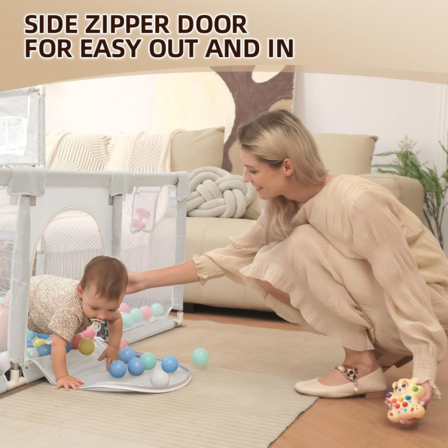 Playpen for Babies and Toddlers,73"x71"Baby Playpen with Mat Indoor＆Outdoor with Breathable Play Pen with Ocean Balls Hanging Pocket Basketball Hoop and Football Goal (Grey with Mat, 73"x71")