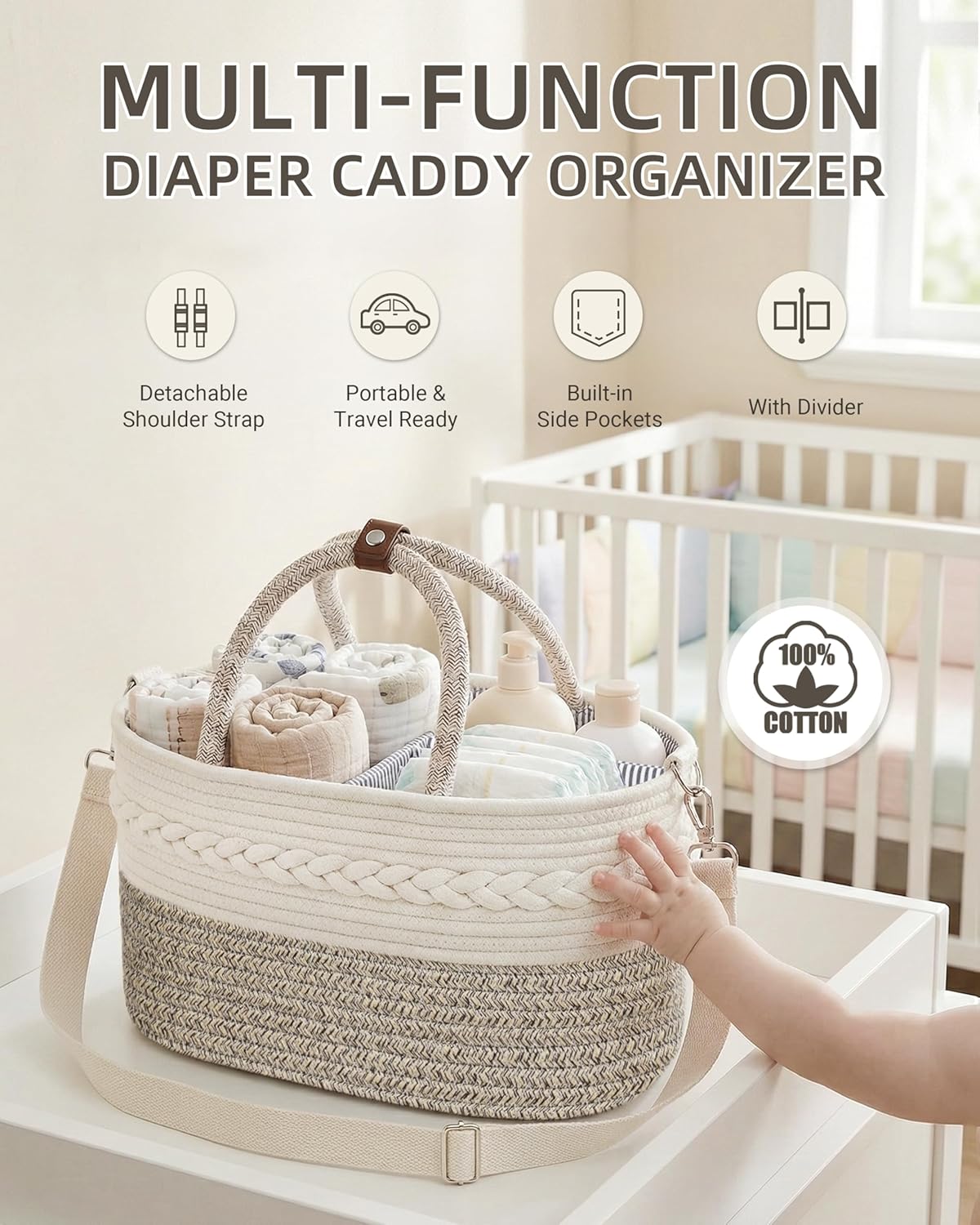 Baby Diaper Caddy Organizer With Handle, Cotton Rope Baby Shower Basket, Large Diaper Caddy with Shoulder Straps for Newborn Parents, Home and Car Travel, 14.5"x8.5"x7.5